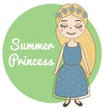 Hand drawn girl with long blonde hair and forget-me-not flowers wreath. Beautiful kid in blue summer dress. Cute female character. Royalty Free Stock Photo