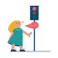 Girl looking at red prohibitive traffic light and memorizing traffic rule sign to stop