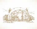 Hand Drawn Glamping Landscape Vector Illustration. Cozy Outdoor Vacation Dome Tent with Mountains and Trees Sketch