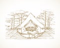 Hand Drawn Glamping Landscape Vector Illustration. Cozy Outdoor Vacation Tent with Furniture and Trees Scene Sketch
