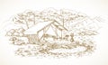 Hand Drawn Glamping Landscape Vector Illustration. Cozy Outdoor Vacation Tent with Mountains and Trees Sketch Background