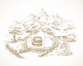 Hand Drawn Glamping Landscape Vector Illustration. Cozy Outdoor Vacation Tent with Stylish Armchair, Mountains and Trees