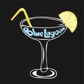 Hand drawn glass of blue lagoon cocktail with piece of lemon and lettering text