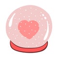 Hand drawn glass snowball with heart. Snow globe. Vector doodle sketch illustration isolated on white background