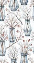 Hand Drawn Glass Vases with Branches Pattern Royalty Free Stock Photo