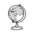 Hand Drawn globe doodle. Side with eurasia, Russia, China, India. Sketch icon. Vector illustration Isolated on white