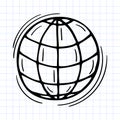 Hand drawn globe, earth model icon on checkered background. Office supplies doodle