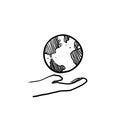 Hand drawn globe in hand illustration symbol for save environment vector icon Royalty Free Stock Photo