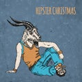 Hand drawn goat man. Hipster Christmas greeting