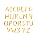 Hand drawn gold alphabet. Grunge golden letters A-Z isolated on white. Sans serif modern font. Latin uppercase handwriting symbols Royalty Free Stock Photo
