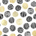 Hand drawn gold and black animal textured circles seamless pattern. Vector nature golden doodle print background Royalty Free Stock Photo