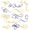 Hand drawn gold and black ink swirls and flourishes. Vector illustration Calligraphic design elements