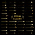 Hand-drawn gold doodle arrows set isolated on black. Vintage design elements for web site, poster, placard, wallpaper - Royalty Free Stock Photo