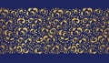 Hand-Drawn Gold Foil Vintage Swirls Vector Seamless Pattern on Dark Blue Background. Elegant Classic Horizontal Border Royalty Free Stock Photo