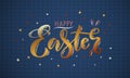 Hand drawn gold lettering happy Easter on a blue background Royalty Free Stock Photo