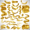 Hand Drawn gold set of grungy design elements, brash strokes. Gold foil.