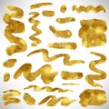 Hand Drawn gold set of grungy design elements, brash strokes. Gold foil. Royalty Free Stock Photo