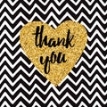 Hand drawn gold sparkle heart, text thank you on zig zag seamless pattern