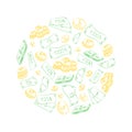 Hand Drawn Golden Coins and Green Cash Dollars Arranged in a Circle. Doodle Drawings of Cash. Royalty Free Stock Photo