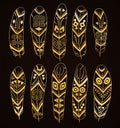 Hand drawn golden ethnic feathers set isolated on brown background. Collection of stylized tribal elements.