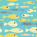 Golden fish with big black eyes seamless pattern. Vector illustration on blue background