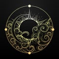 Hand Drawn Golden Sun and Moon with Cloud Esoteric Symbol. Vector illustration