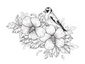 Hand Drawn Goldfinch Sitting on Hibiscus Branch