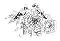 Hand Drawn Goldfinches Sitting on Peony Branch
