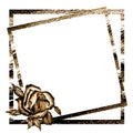 Square golden texture frame with golden metal rose in the corner