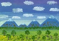 Hand drawn gouache and watercolor illustration. Nature landscape. Blue sky with white clounds. Green trees, forest and mountains.