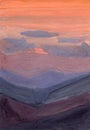 Hand drawn gouache and watercolor illustration. Nature landscape. Red sky. Gray and brown mountains. Simple abstract style. Childr