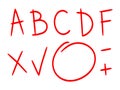 Hand drawn grading doodle elements set. Red grades illustrations, simple elements. Knowledge testing, exam