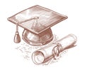 Hand drawn Graduation cap and diploma in sketch style. Academic degree, education concept. Vintage vector illustration