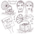Hand drawn gramophone set Royalty Free Stock Photo