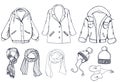 Hand drawn graphic elements set with coat, jacket, scarf and caps. Vector illustration