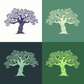 Hand drawn graphic olive trees set on different backgrounds.