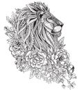 Hand drawn graphic ornate head of lion with ethnic floral doodle