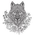 Hand drawn graphic ornate head of wolf with ethnic floral doodle Royalty Free Stock Photo