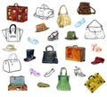 Hand drawn graphic set of clothing acessories, hats, bags, shoes Royalty Free Stock Photo