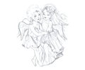 Hand drawn graphite pencil sketch of a pair of angel children. Freehand pencil drawing isolated on white background. Royalty Free Stock Photo