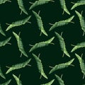 Hand drawn green banana leaves shapes seamless doodle pattern. Black background. Abstract simple style Royalty Free Stock Photo