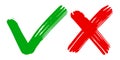 Hand drawn of Green check mark and Red cross isolated. Right and wrong icon. Vector illustration