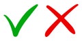Hand drawn of Green check mark and Red cross isolated. Right and wrong icon. Vector illustration