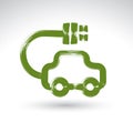 Hand drawn green eco car icon, illustrated brush drawing electric powered car, hand-painted ecology automobile isolated on white Royalty Free Stock Photo