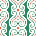 Hand-Drawn Green and Red Heart Shape Traditional Ikat Vector Seamless Pattern