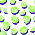 Hand drawn sketch style ripe green limes with bright blue shadows seamless pattern. Minimal sunny pattern on white