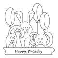Hand drawn greeting card with cute funny bunnies and balloons. Happy birthday, text . Page of coloring books for children. Vector Royalty Free Stock Photo