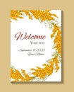 A hand-drawn greeting card, an invitation made of mimosa flowers. realistic botanical bouquets made from isolated branches. for