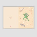 Hand Drawn greeting card with musical instruments and a singing frog. Sweet congratulation card in .