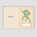 Hand Drawn greeting card with a singing frog. Sweet congratulation card in .